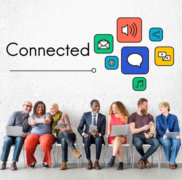 A group of people connecting online.