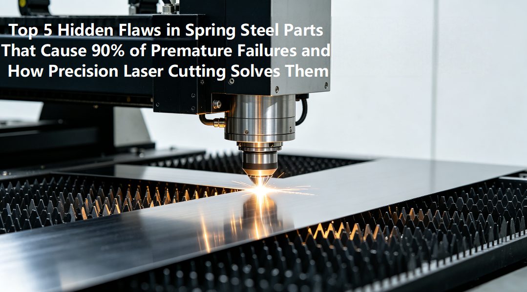 A hyper-realistic close-up photo of an ultra-short pulse fiber laser precision-cutting a thin spring steel strip (0.15mm) with a clean, discoloration-free kerf in a modern workshop, overlaid with the article title.