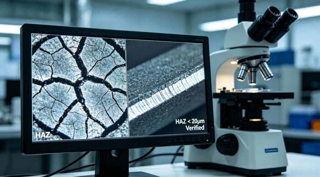 Close-up, realistic shot in a metallurgy lab showing a side-by-side microscopic comparison of a coarse HAZ with micro-cracks (left) vs. a precision laser cut edge with HAZ <20μm and no cracks (right), labeled "HAZ < 20μm Verified".