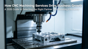 A hyper-realistic photoof a 5-axis CNC machining center cutting a complex aluminum optical bracket in a precision workshop, overlaid with the title "How CNC Machining Services Drive Business Growth: A 2026 Guide to Selecting the Right Partner and Boosting Efficiency